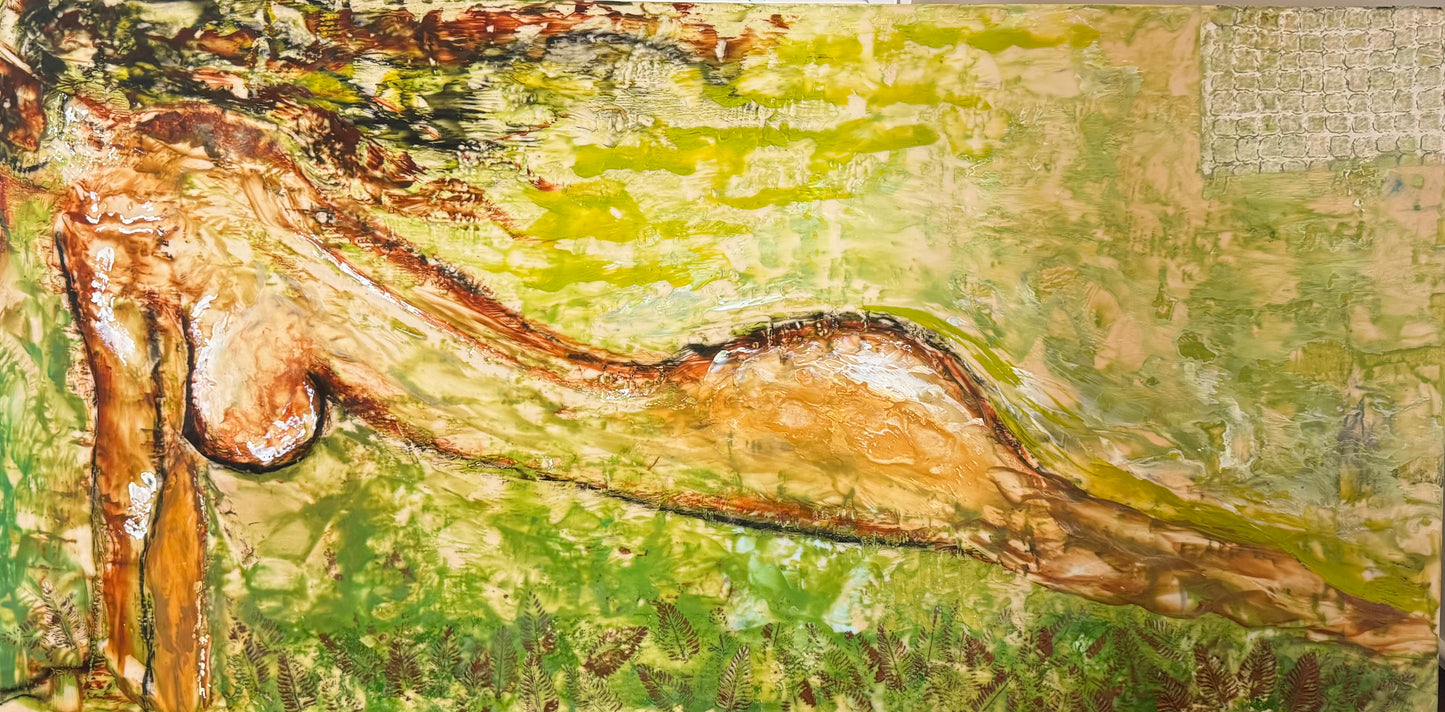 WOMAN NAKED IN THE GRASS, ENCAUSTIC PAINTING